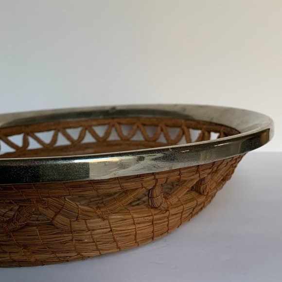 VTG Pine Needle Metal Edge Basket Bowl Handcrafted Coiled Tray Nature Inspired - Picture 6 of 9